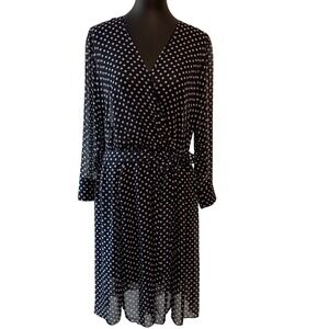 KATE and LILY Navy White Polka Dot Wrap Dress Sheer Long Sleeve Midi Size 14